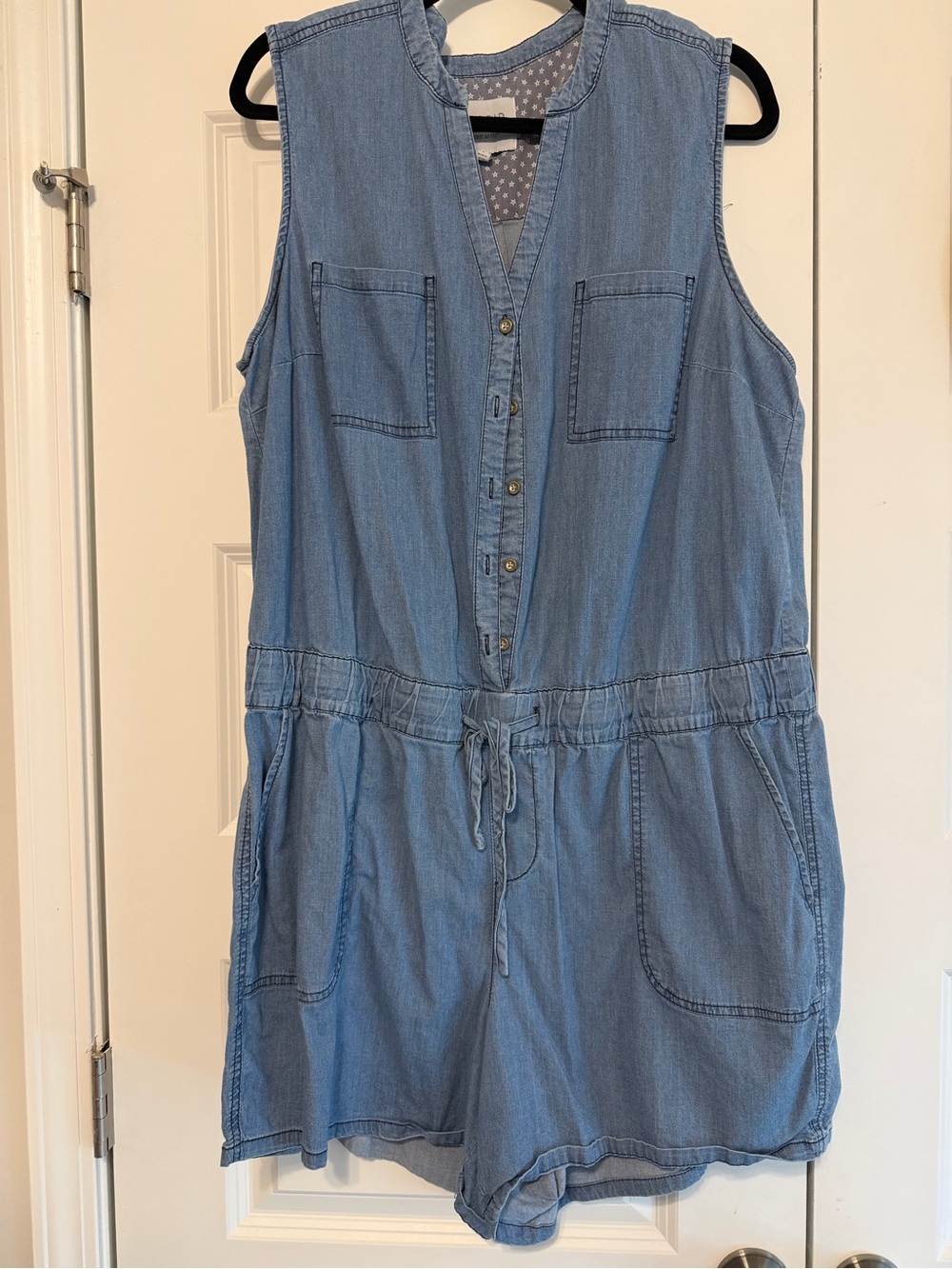 Torrid Sleeveless Chambray Romper with Drawstring Waist - Light Blue